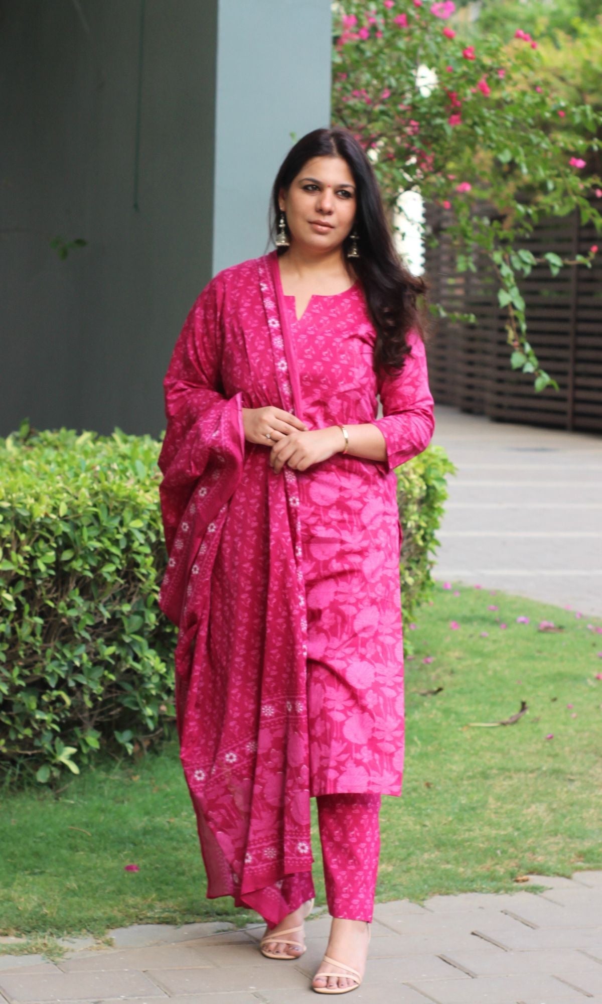 Cotton Block Print Bright Pink Suit Set with Printed Cotton Dupatta - Baareeki