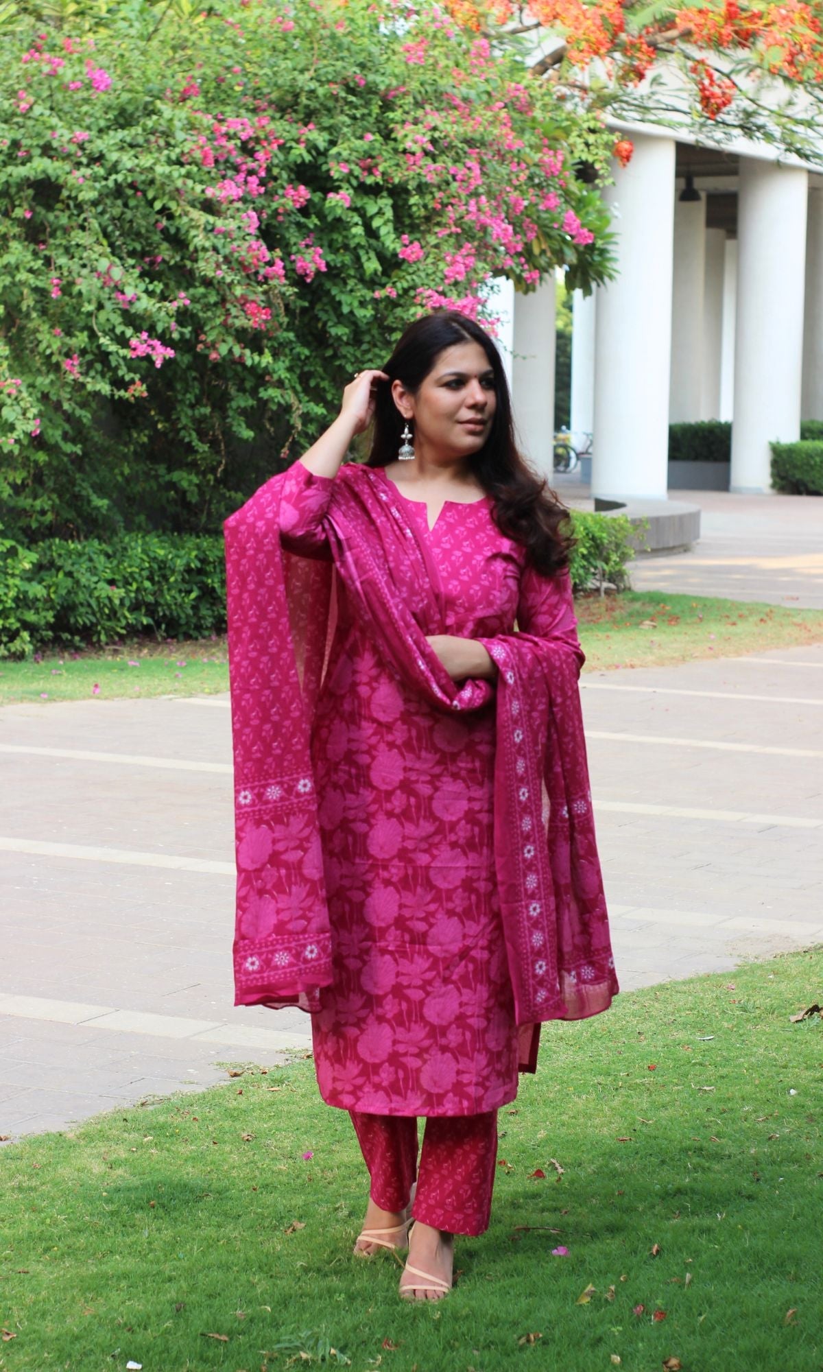 Cotton Block Print Bright Pink Suit Set with Printed Cotton Dupatta - Baareeki