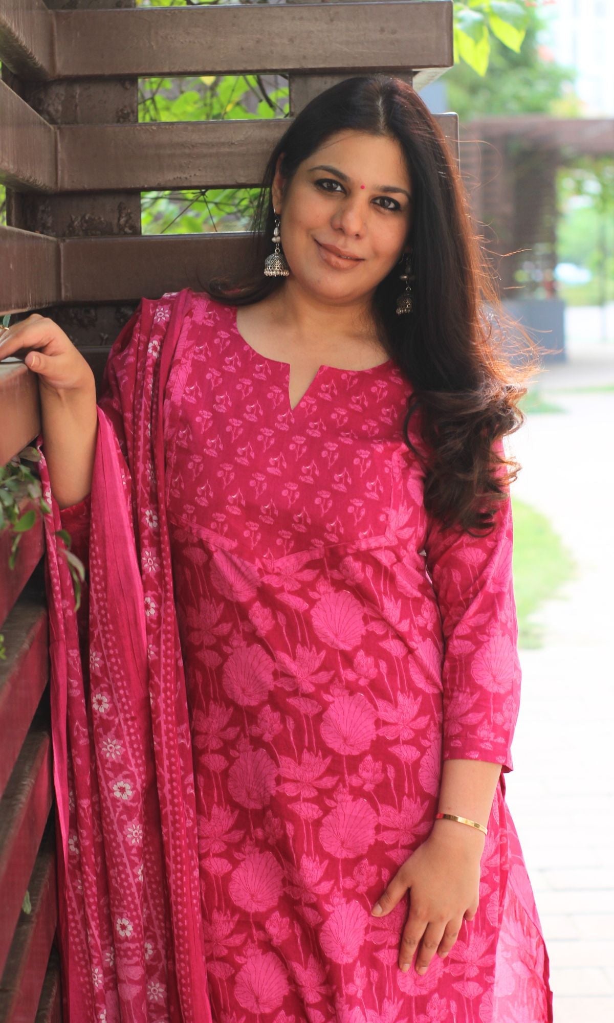 Cotton Block Print Bright Pink Suit Set with Printed Cotton Dupatta - Baareeki