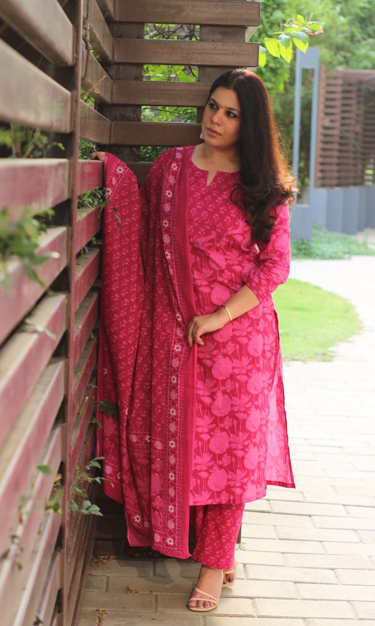 Cotton Block Print Bright Pink Suit Set with Printed Cotton Dupatta - Baareeki