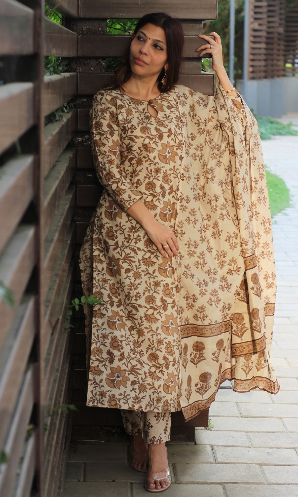 Cotton Block Print Brown Suit Set with Printed Cotton Dupatta - Baareeki