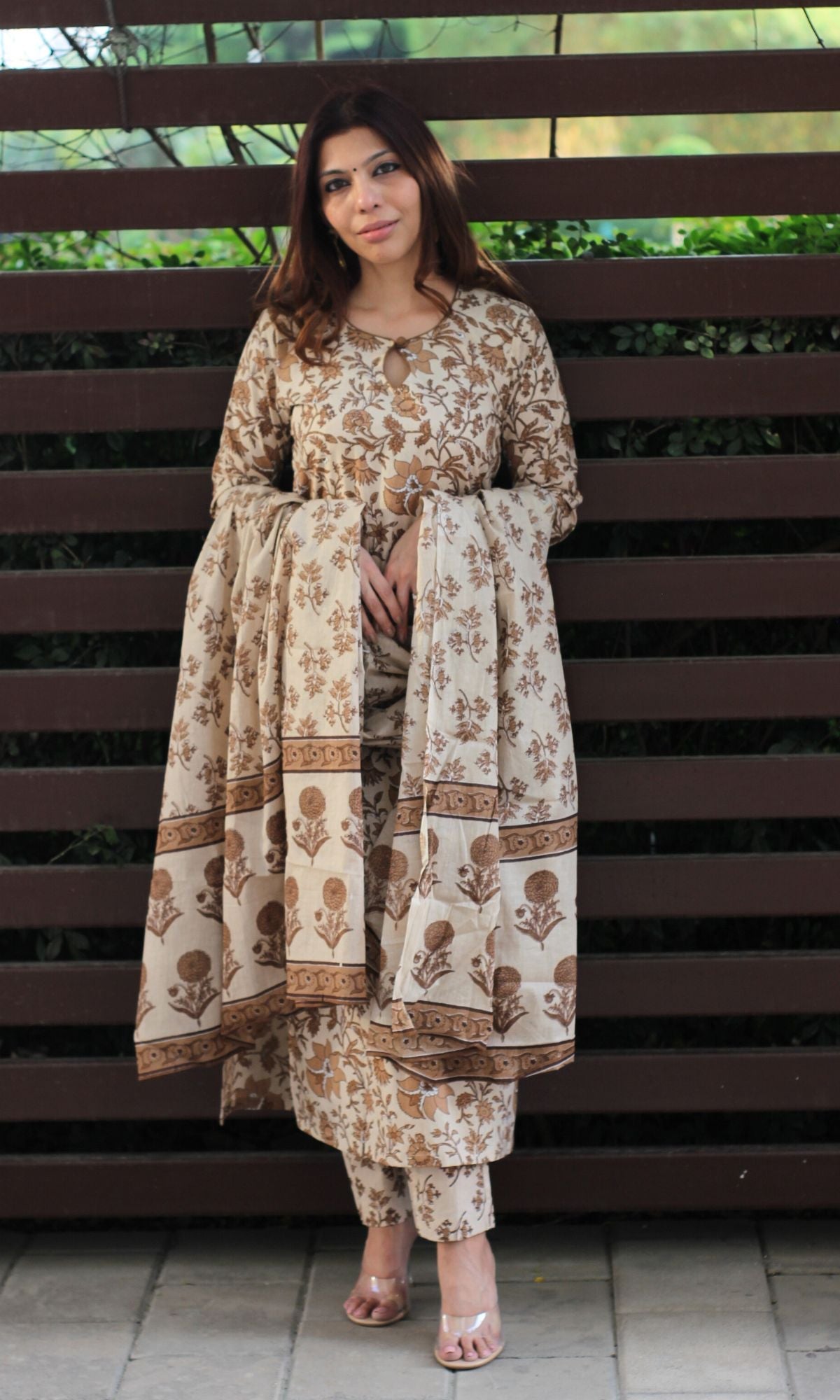 Cotton Block Print Brown Suit Set with Printed Cotton Dupatta - Baareeki