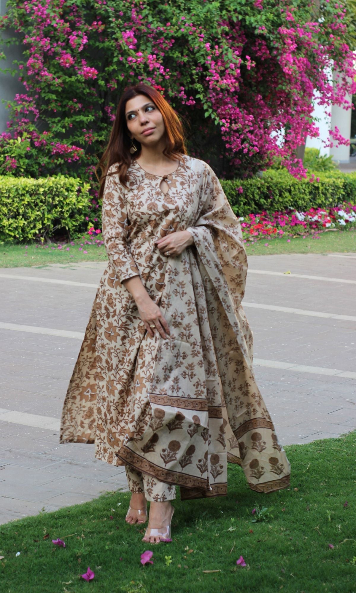 Cotton Block Print Brown Suit Set with Printed Cotton Dupatta - Baareeki