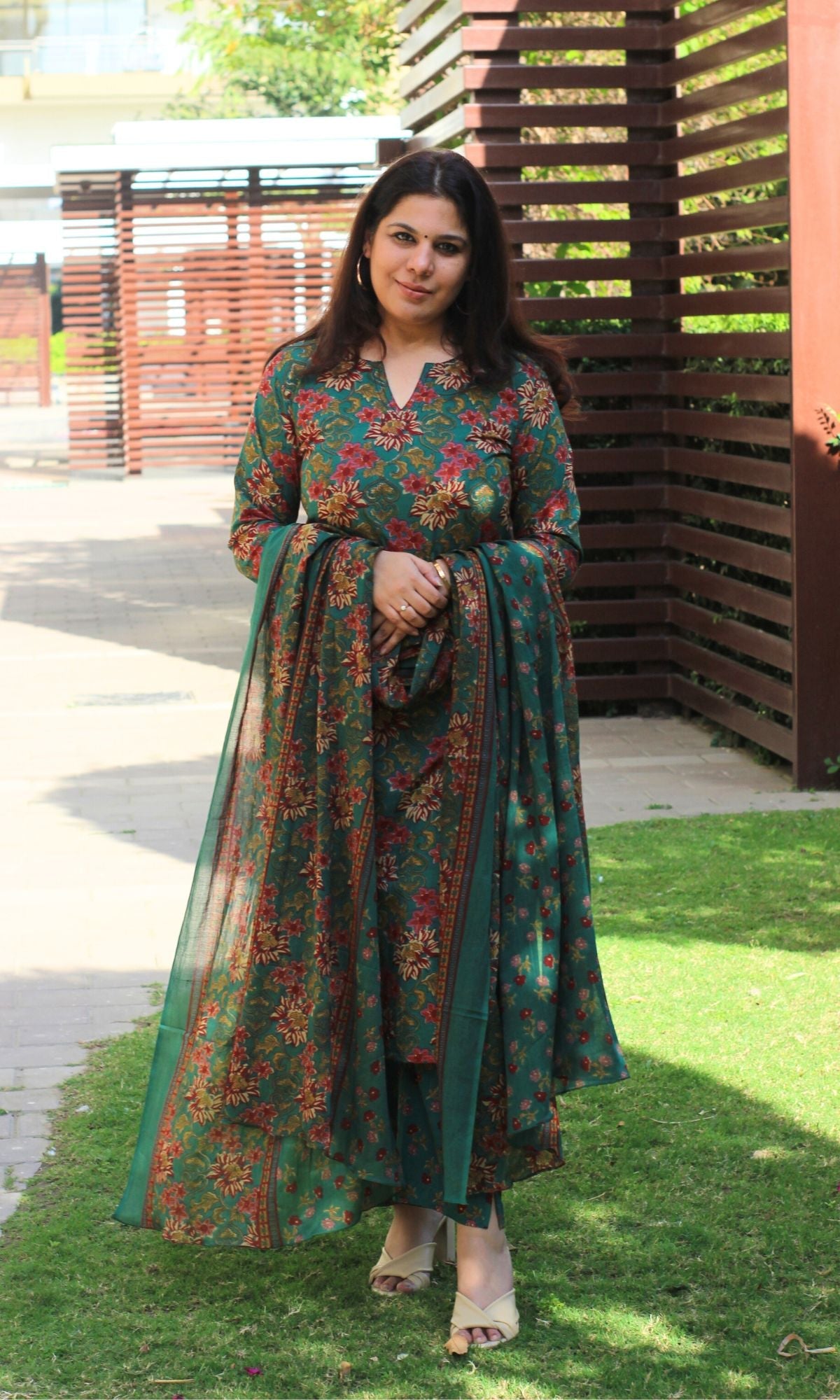 Cotton Block Print Dark Green Suit Set with Printed Cotton Dupatta - Baareeki