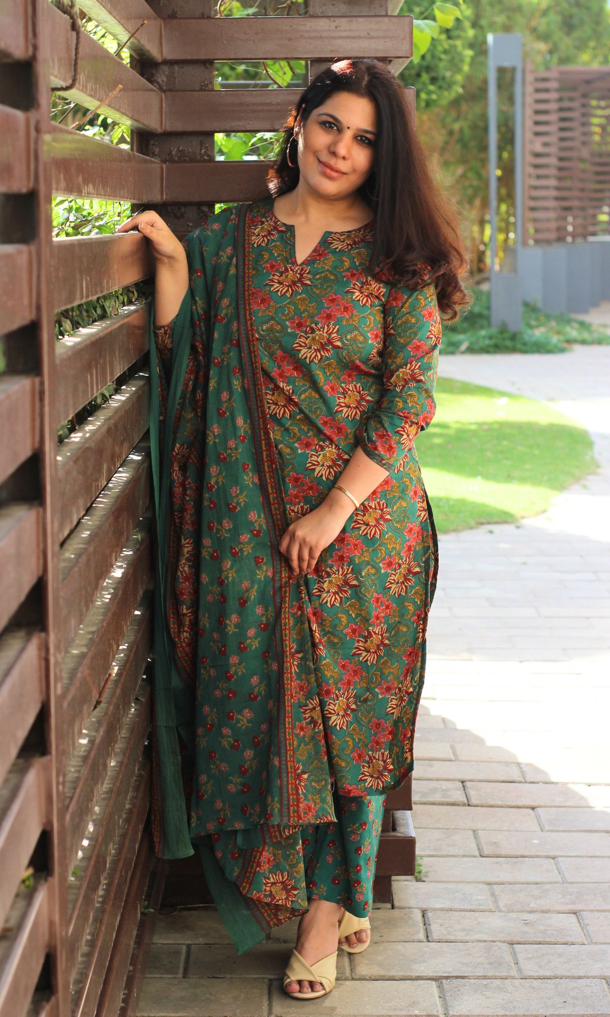 Cotton Block Print Dark Green Suit Set with Printed Cotton Dupatta - Baareeki