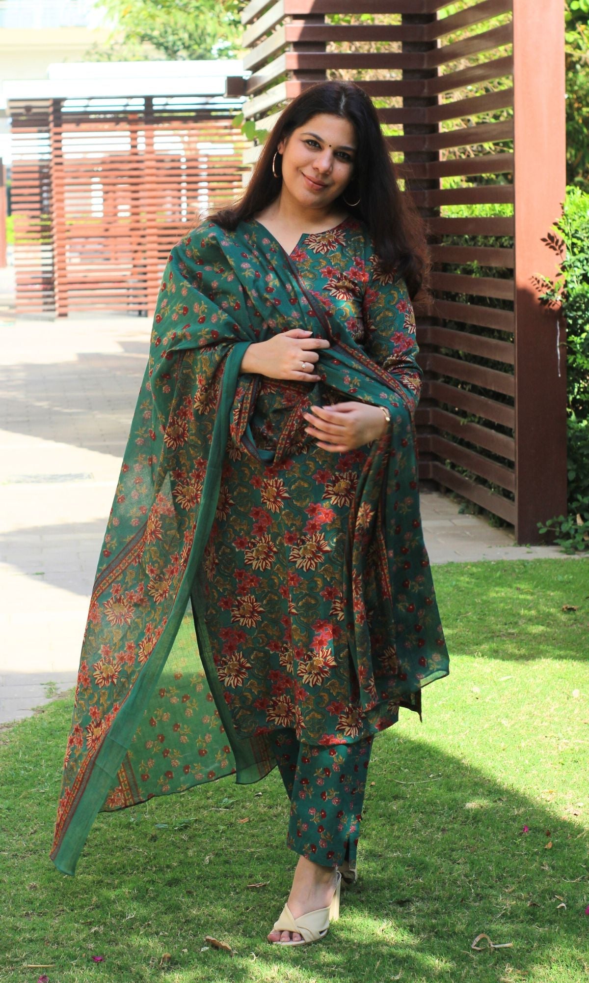 Cotton Block Print Dark Green Suit Set with Printed Cotton Dupatta - Baareeki