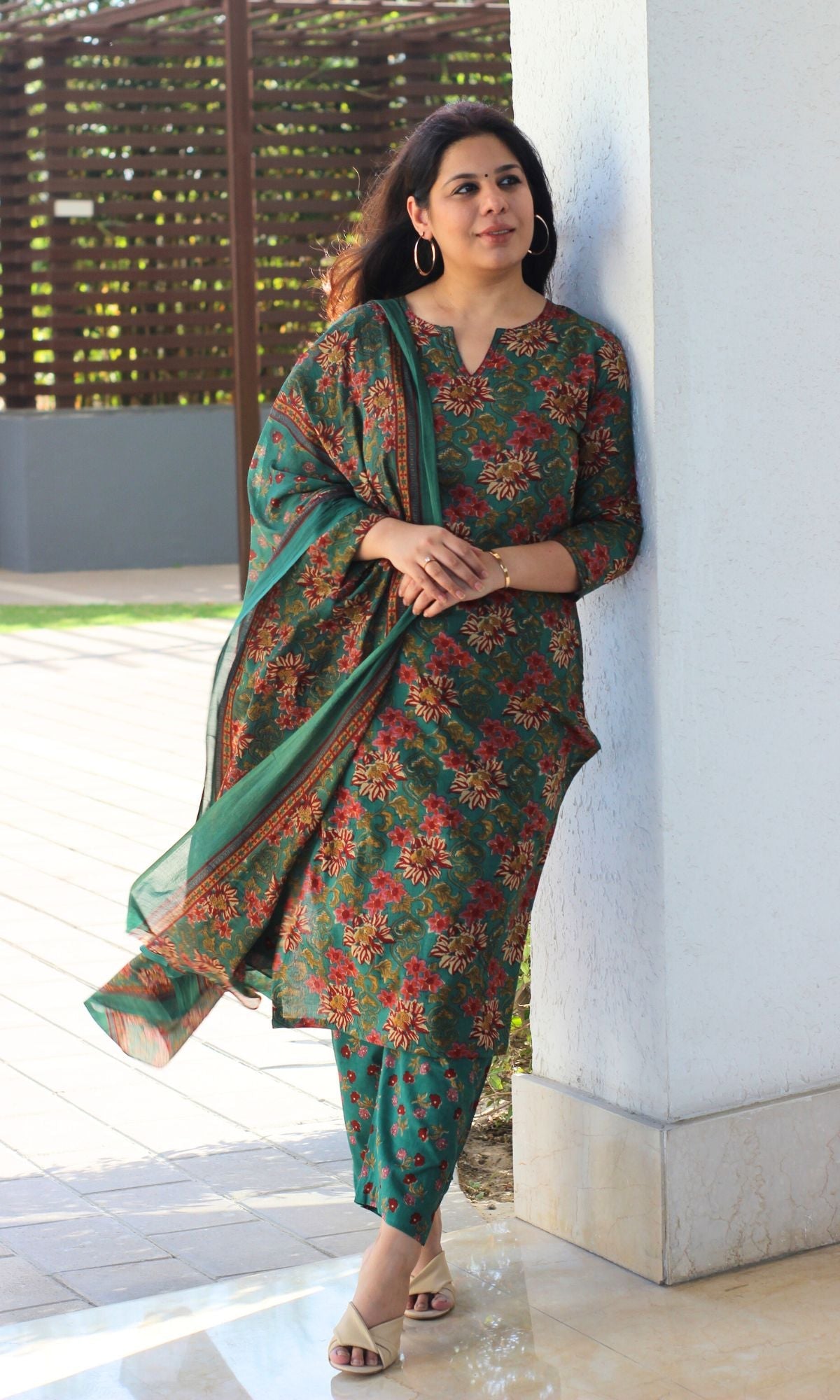 Cotton Block Print Dark Green Suit Set with Printed Cotton Dupatta - Baareeki