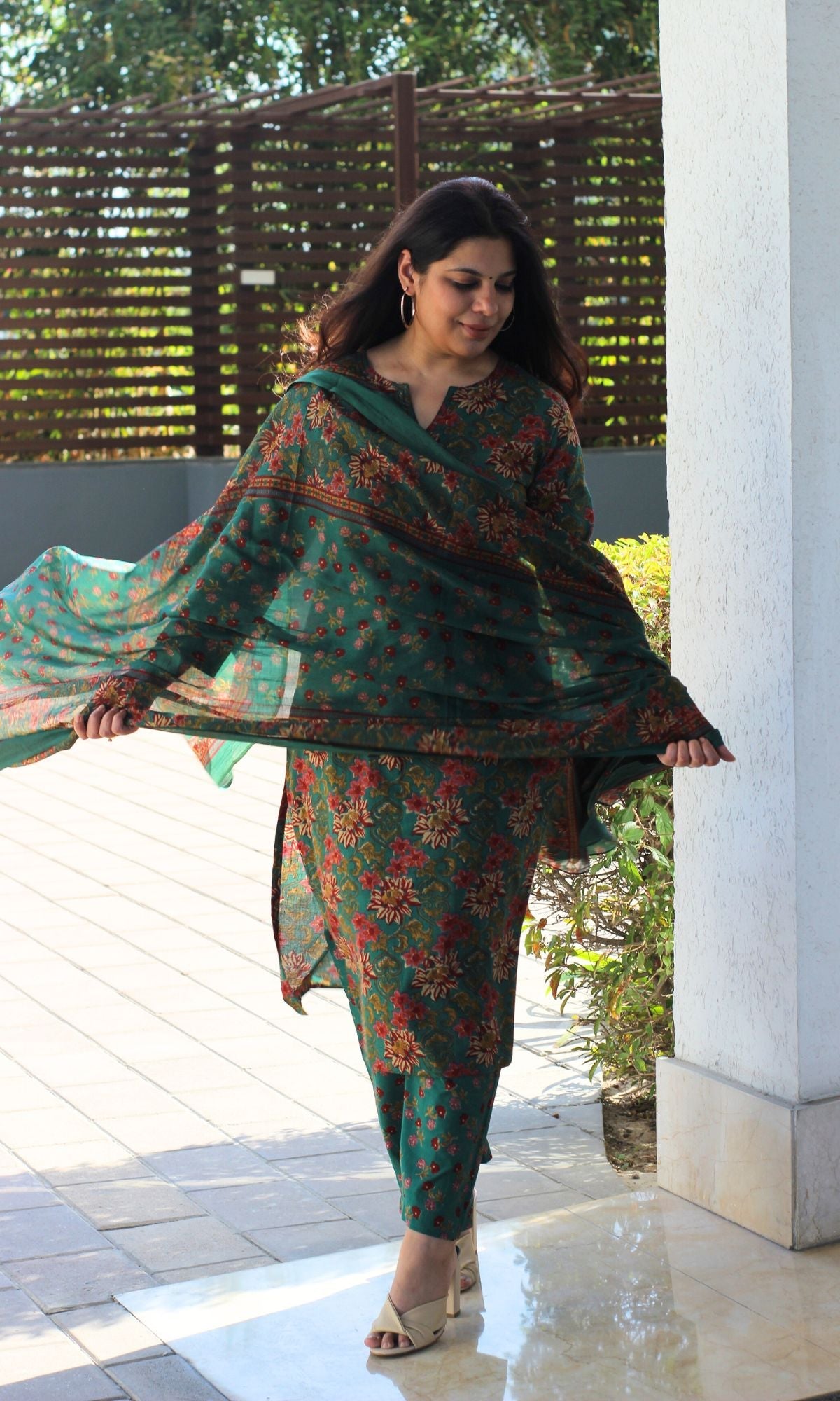 Cotton Block Print Dark Green Suit Set with Printed Cotton Dupatta - Baareeki