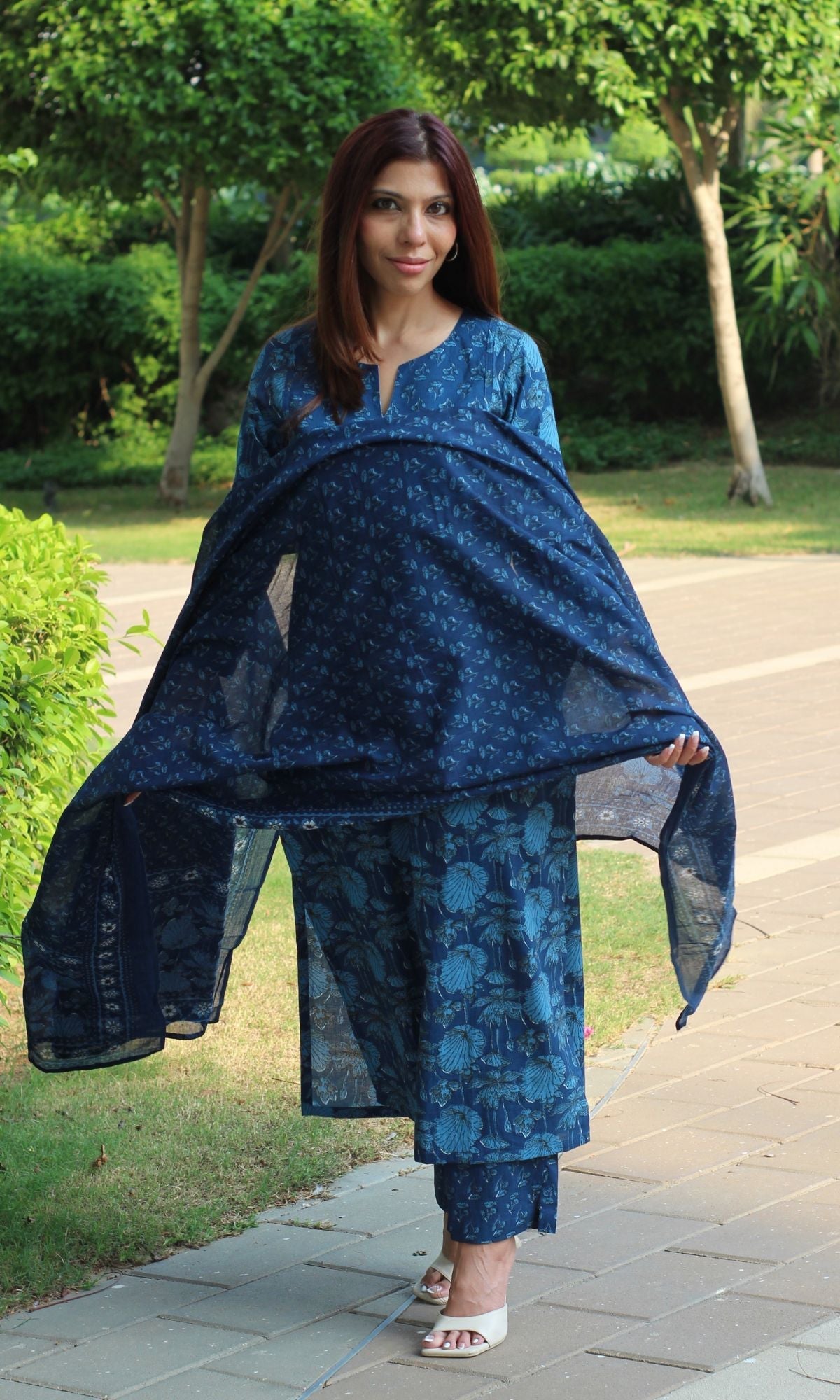 Cotton Block Print Deep Blue Suit Set with Cotton Printed Dupatta - Baareeki