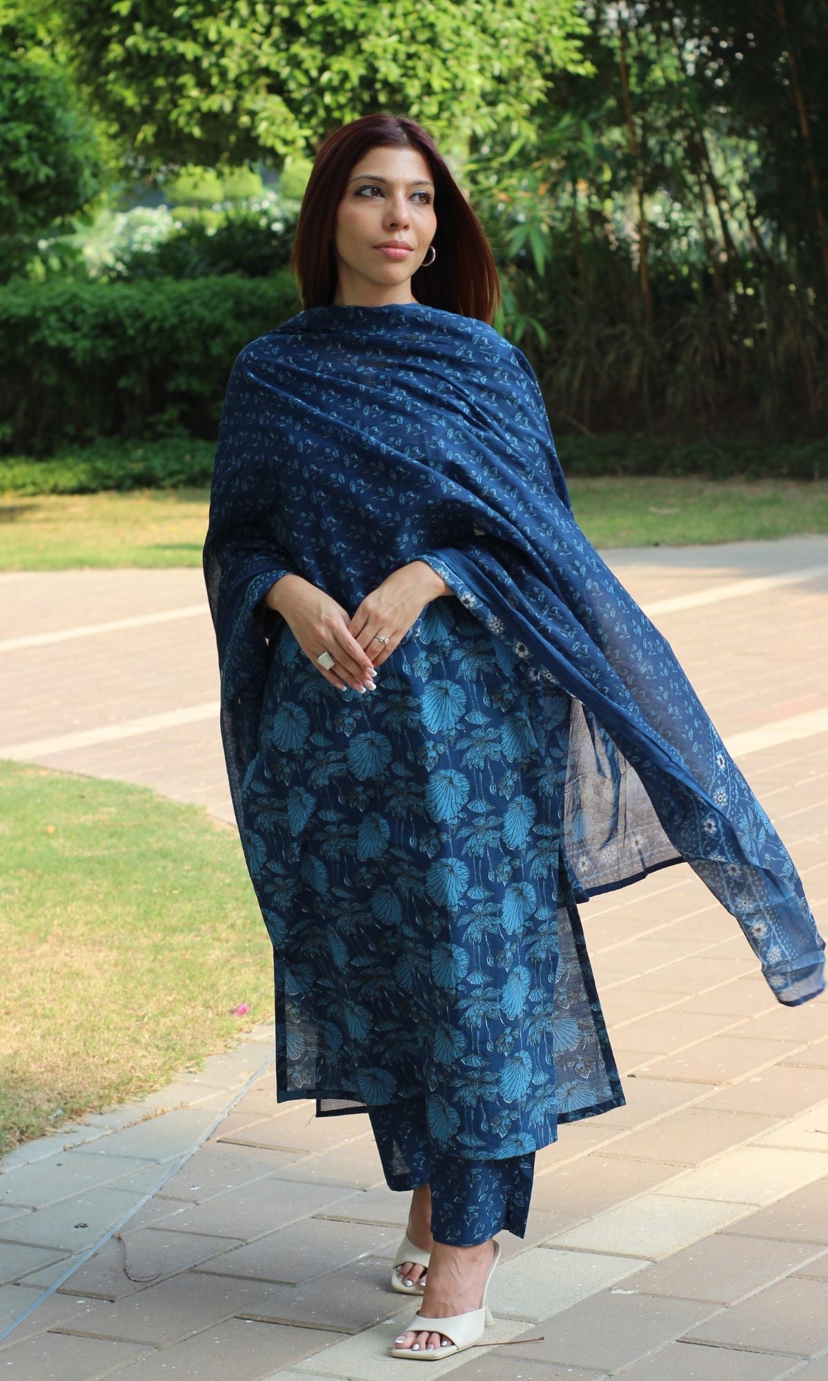 Cotton Block Print Deep Blue Suit Set with Cotton Printed Dupatta - Baareeki