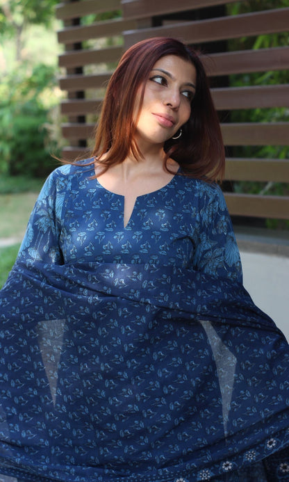 Cotton Block Print Deep Blue Suit Set with Cotton Printed Dupatta - Baareeki