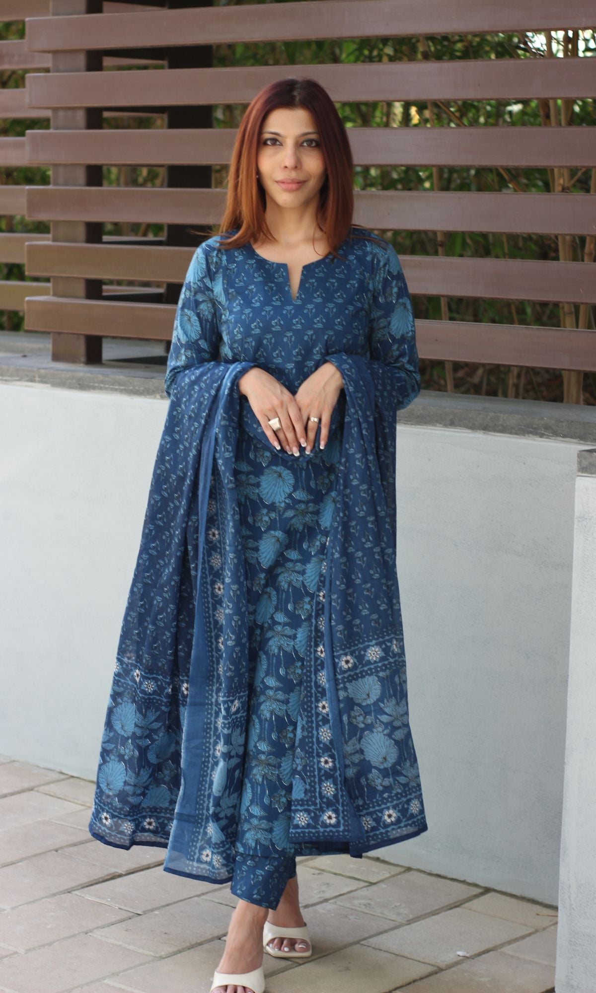 Cotton Block Print Deep Blue Suit Set with Cotton Printed Dupatta - Baareeki