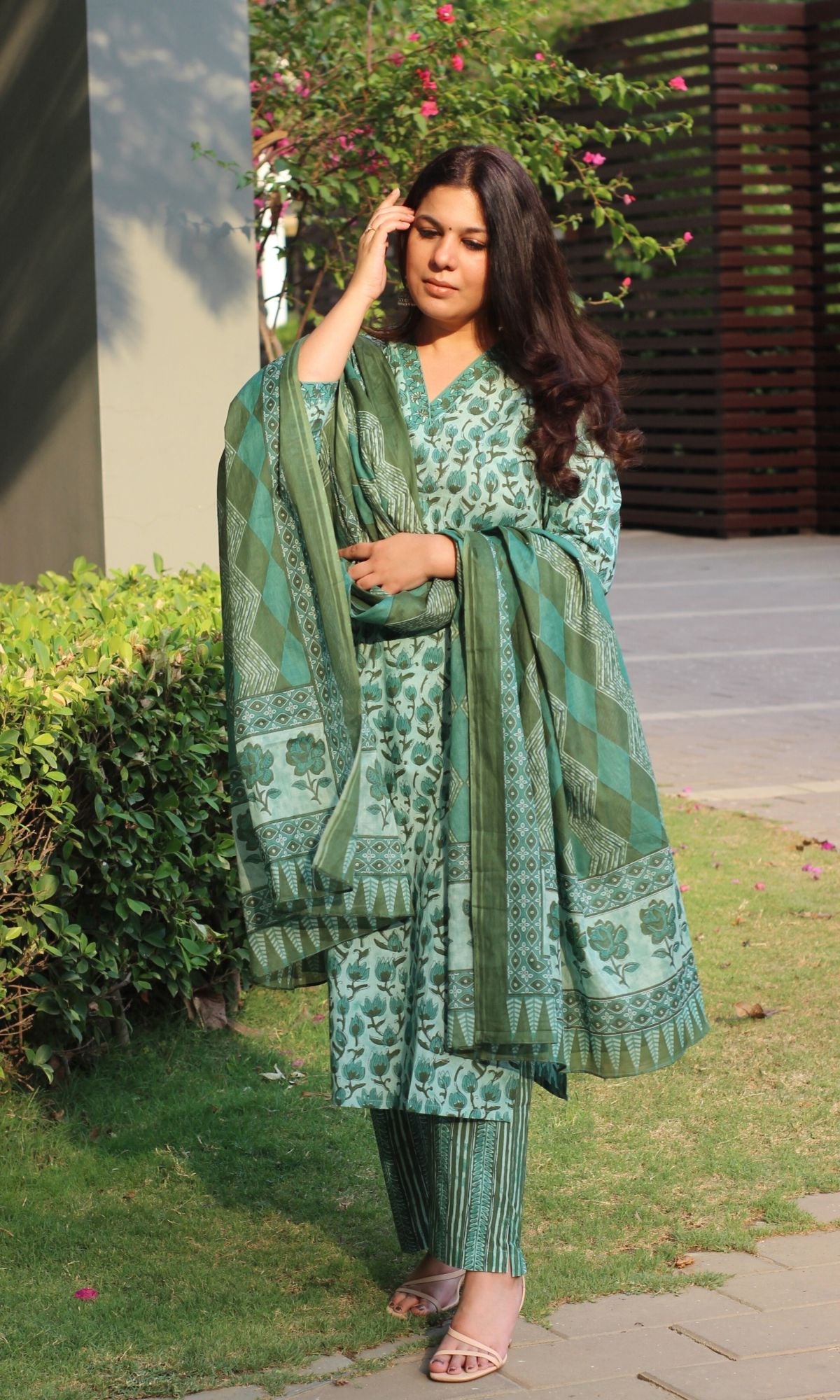 Cotton Block Print Earthy Green Suit Set with Printed Cotton Dupatta - Baareeki