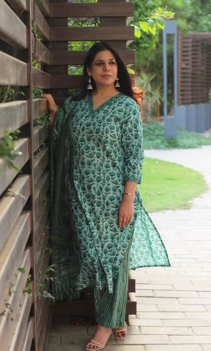 Cotton Block Print Earthy Green Suit Set with Printed Cotton Dupatta - Baareeki