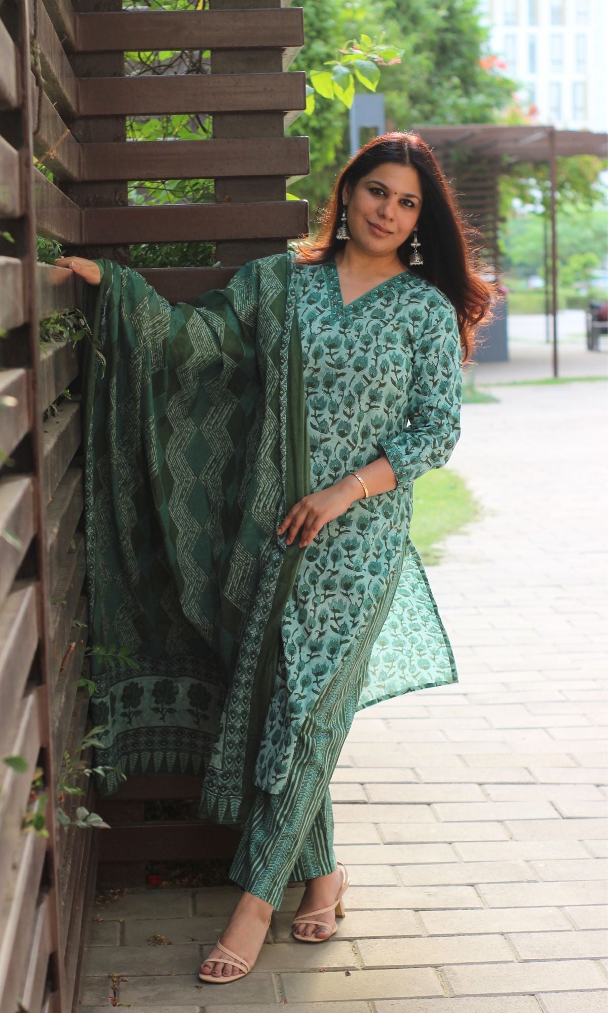 Cotton Block Print Earthy Green Suit Set with Printed Cotton Dupatta - Baareeki