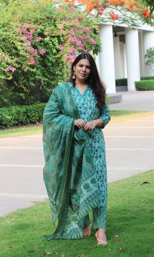 Cotton Block Print Earthy Green Suit Set with Printed Cotton Dupatta - Baareeki