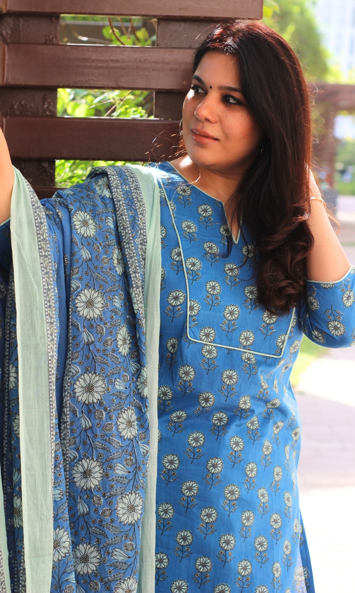 Cotton Block Print English Blue Suit Set with Printed Cotton Dupatta - Baareeki