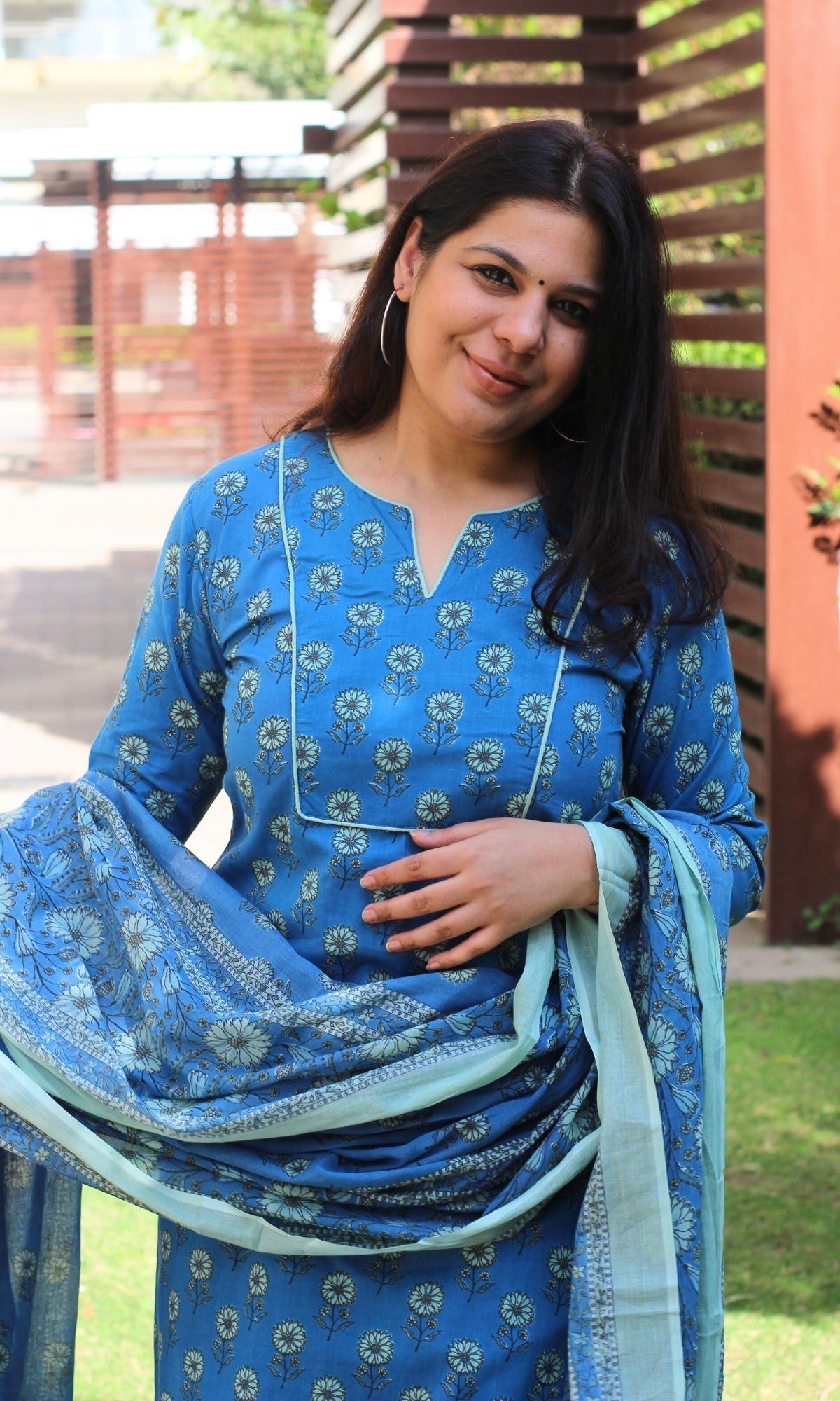 Cotton Block Print English Blue Suit Set with Printed Cotton Dupatta - Baareeki