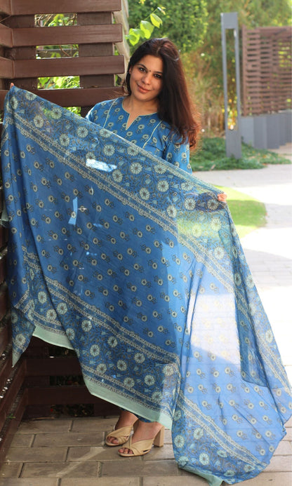 Cotton Block Print English Blue Suit Set with Printed Cotton Dupatta - Baareeki