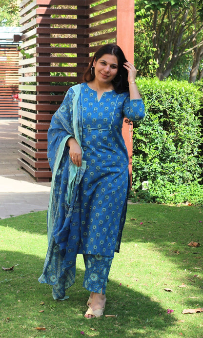 Cotton Block Print English Blue Suit Set with Printed Cotton Dupatta - Baareeki