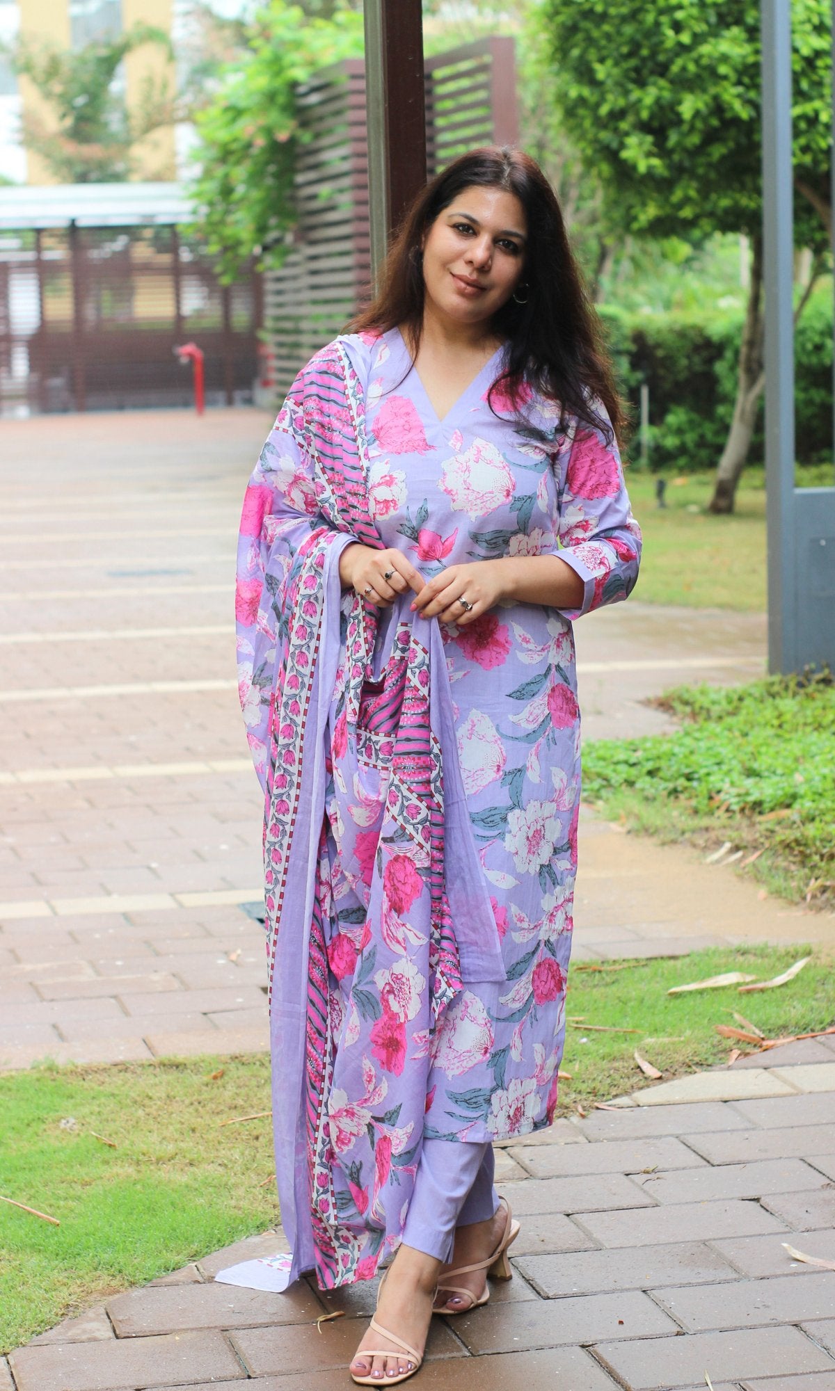 Cotton Block Print Lavender Floral Suit Set with Cotton Dupatta - Baareeki