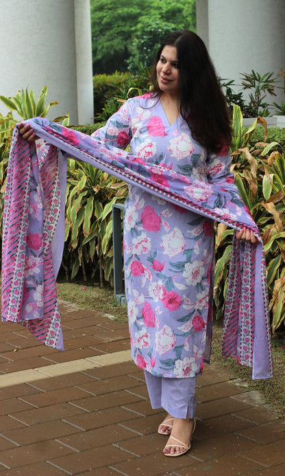 Cotton Block Print Lavender Floral Suit Set with Cotton Dupatta - Baareeki