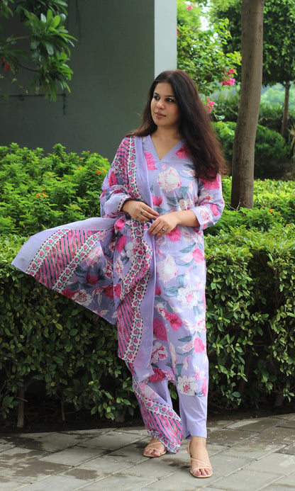 Cotton Block Print Lavender Floral Suit Set with Cotton Dupatta - Baareeki