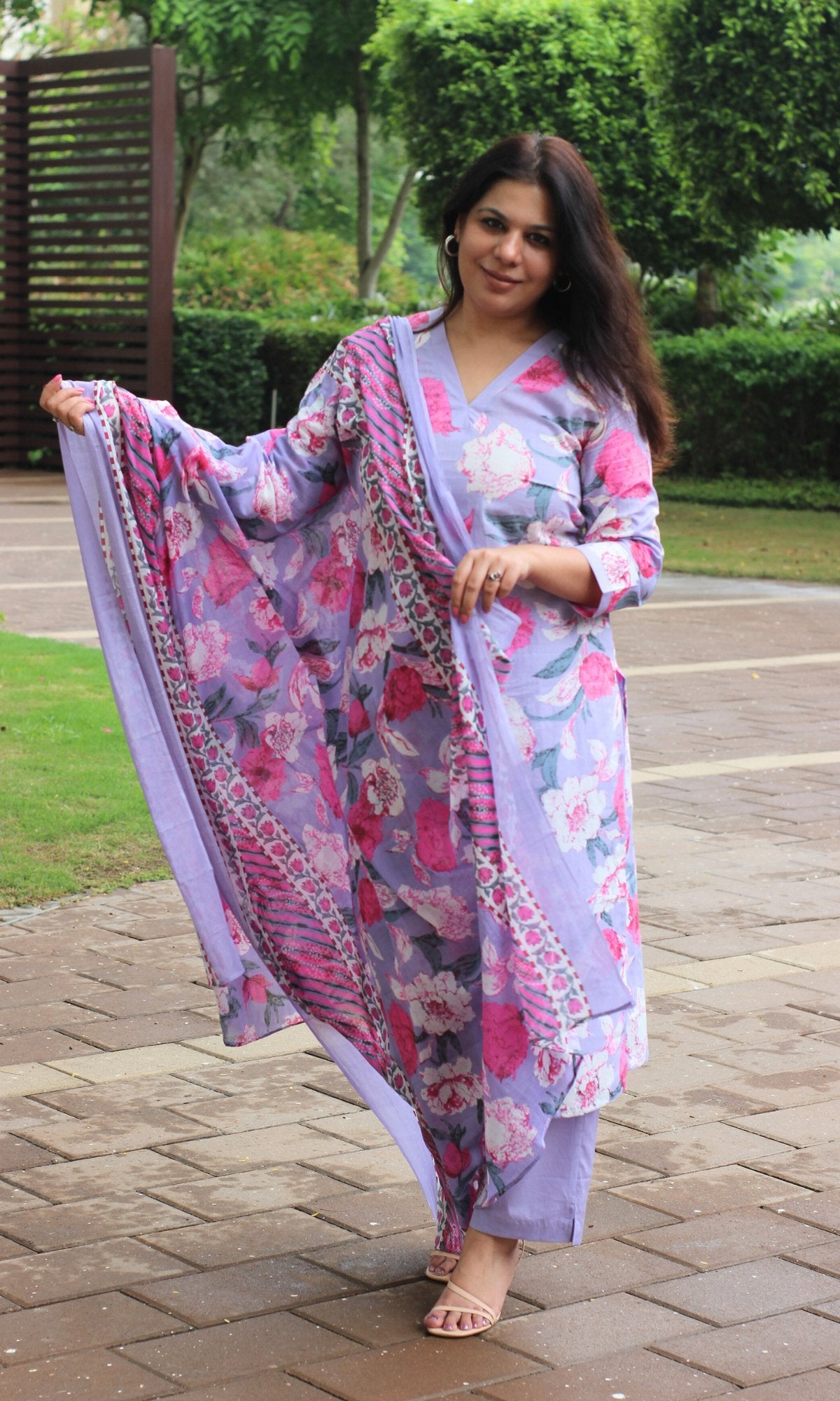 Cotton Block Print Lavender Floral Suit Set with Cotton Dupatta - Baareeki