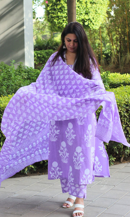 Cotton Block Print Lavender Suit Set with Lace Detailing and Cotton Dupatta - Baareeki