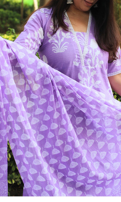 Cotton Block Print Lavender Suit Set with Lace Detailing and Cotton Dupatta - Baareeki