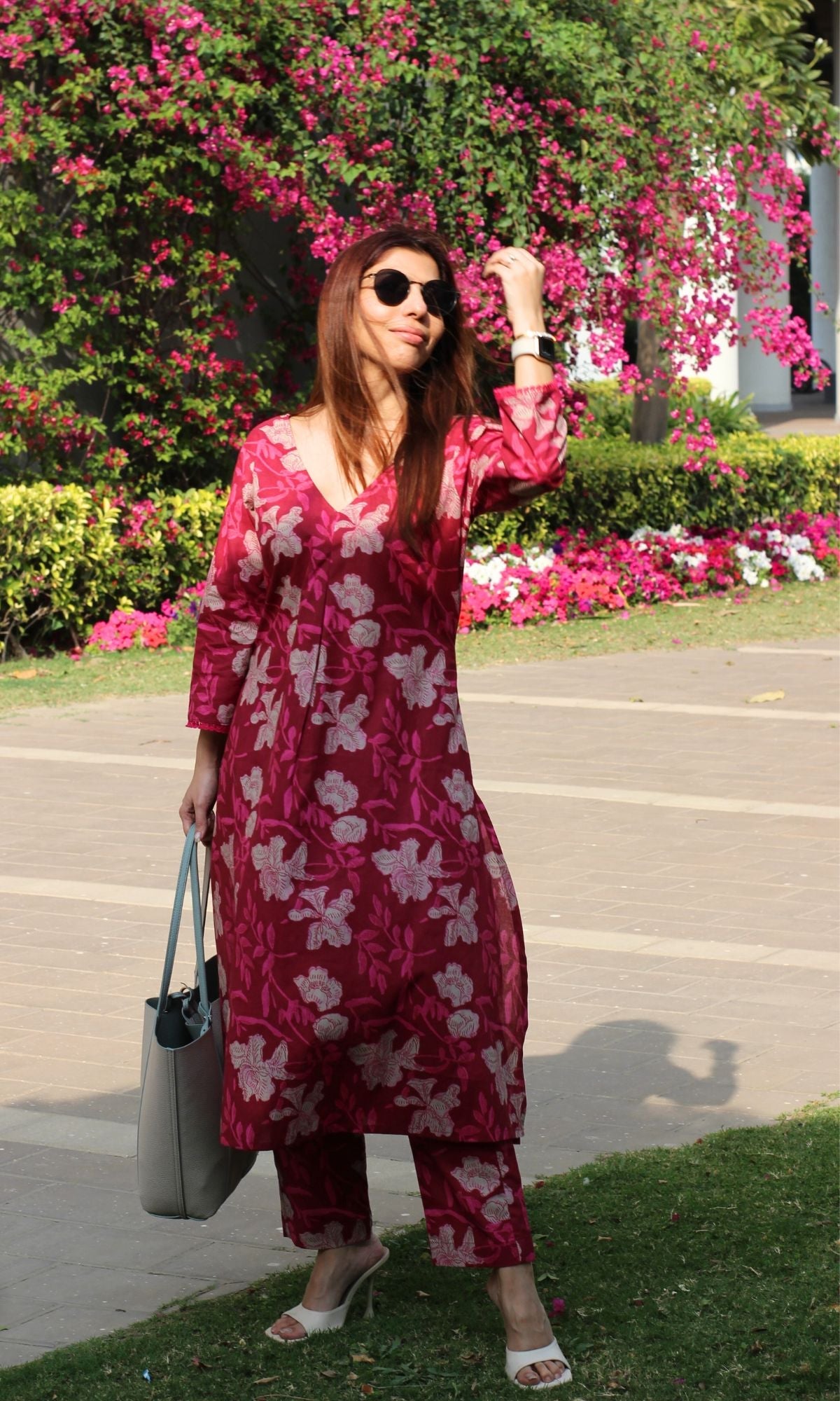 Cotton Block Print Magenta Pleated Kurta and Pants Set - Baareeki