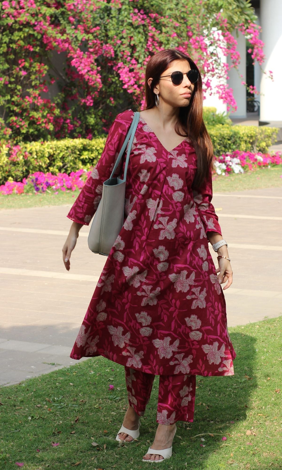 Cotton Block Print Magenta Pleated Kurta and Pants Set - Baareeki