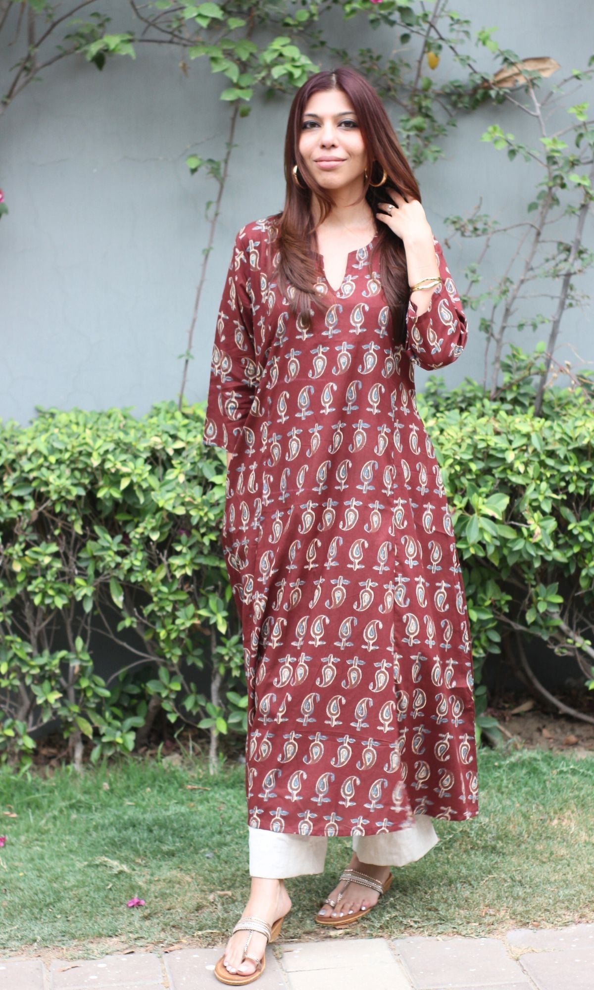 Cotton Block Print Maroon Kali Kurta – Baareeki