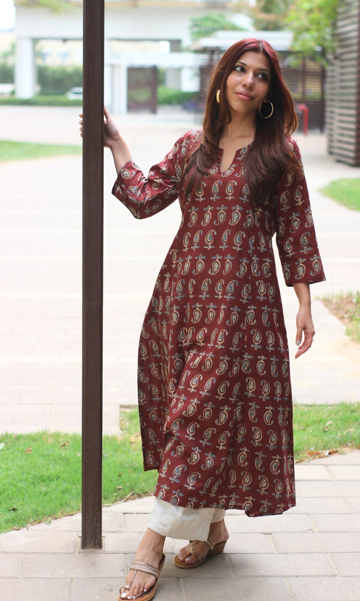 Cotton Block Print Maroon Kali Kurta – Baareeki