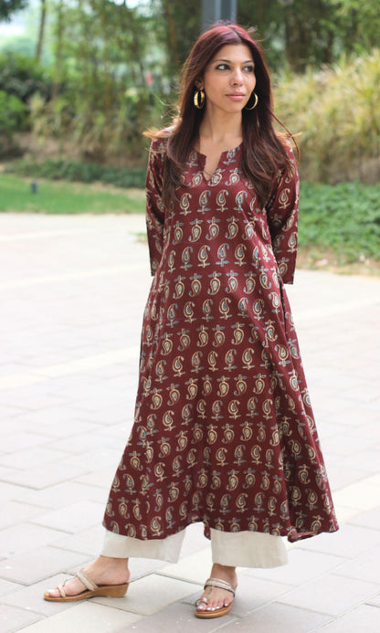 Cotton Block Print Maroon Kali Kurta - Baareeki