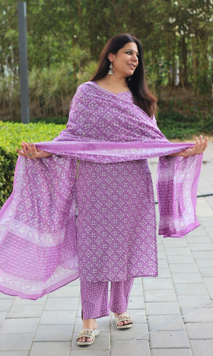 Cotton Block Print Orchid Suit Set with Printed Cotton Dupatta - Baareeki