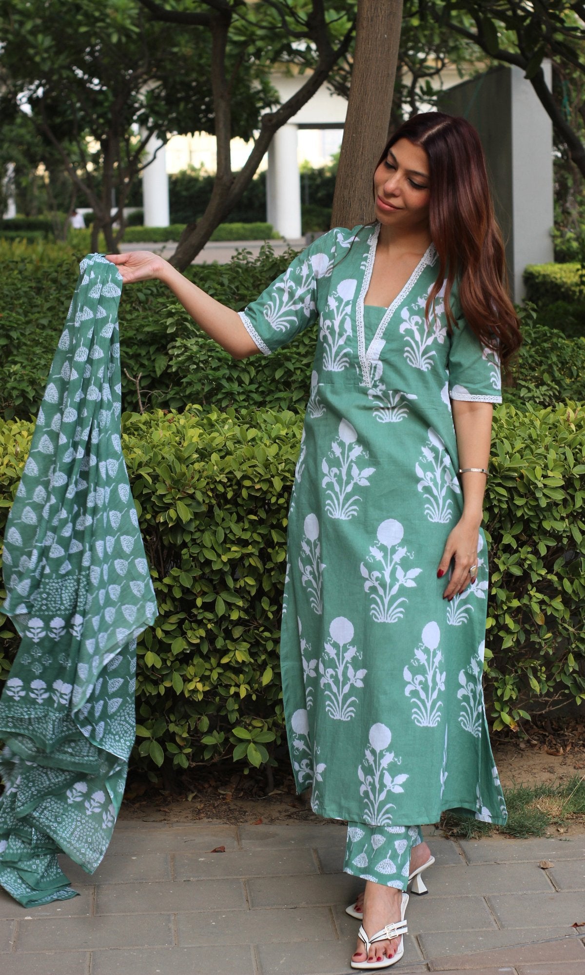 Cotton Block Print Pastel Green Suit Set with Lace Detailing and Cotton Dupatta - Baareeki