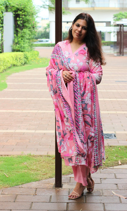 Cotton Block Print Pink Floral Suit Set with Cotton Dupatta - Baareeki