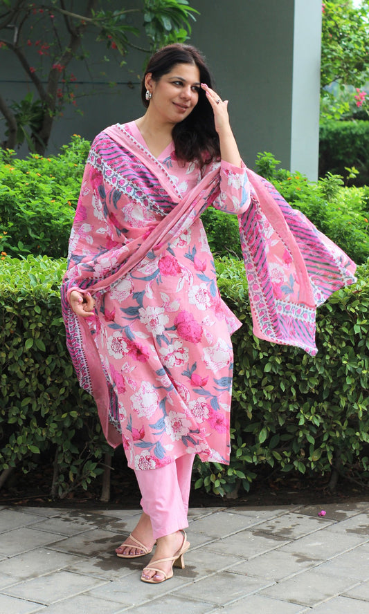 Cotton Block Print Pink Floral Suit Set with Cotton Dupatta - Baareeki