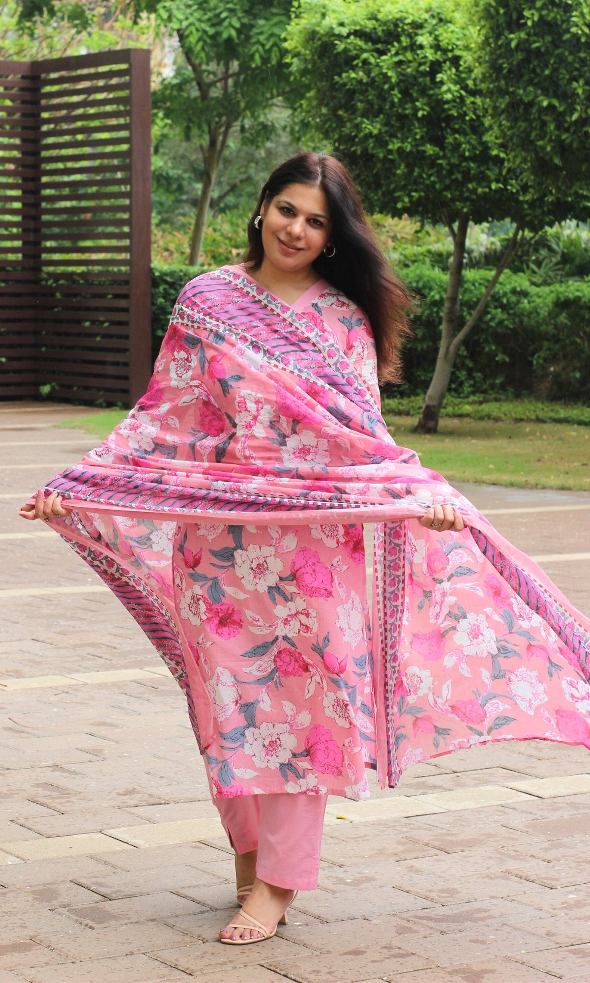 Cotton Block Print Pink Floral Suit Set with Cotton Dupatta - Baareeki