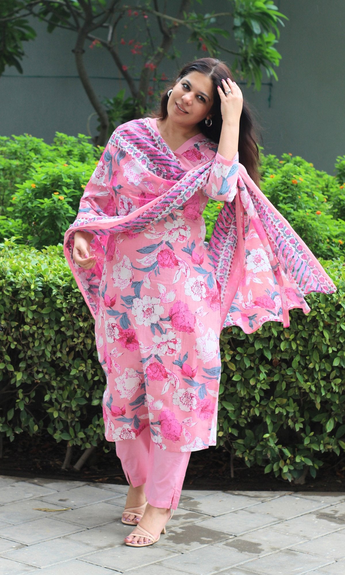 Cotton Block Print Pink Floral Suit Set with Cotton Dupatta - Baareeki