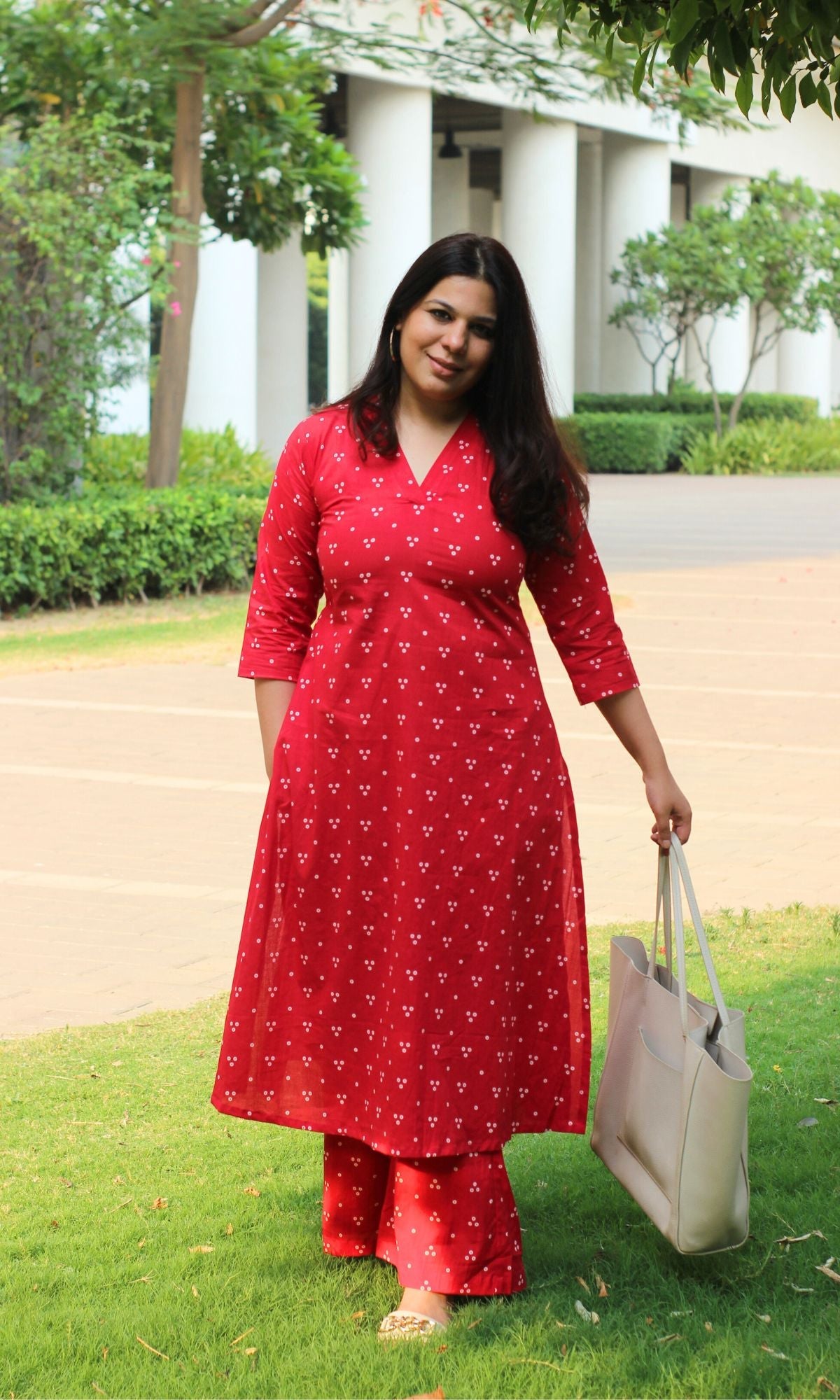 Cotton Block Print Rasberry A-line Kurta and Pants - Baareeki