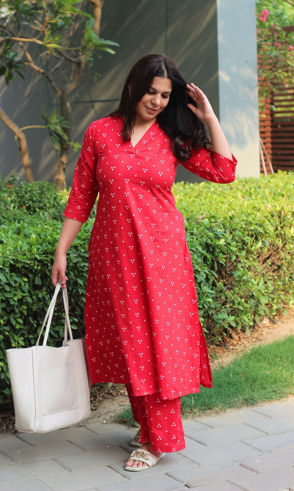 Cotton Block Print Rasberry A-line Kurta and Pants - Baareeki