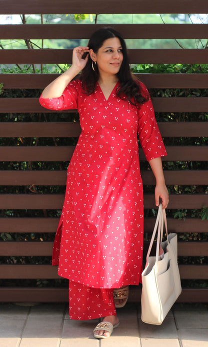 Cotton Block Print Rasberry A-line Kurta and Pants - Baareeki