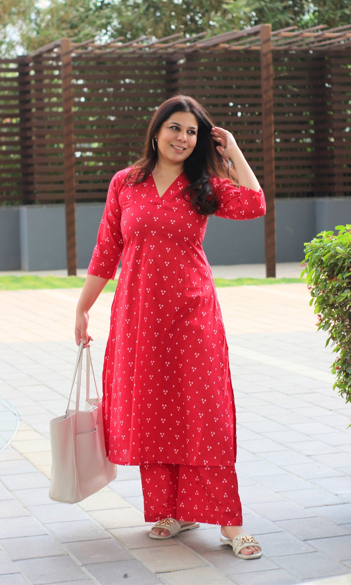 Cotton Block Print Rasberry A-line Kurta and Pants - Baareeki