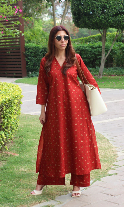 Cotton Block Print Red A-line Kurta and Plazo Set - Baareeki