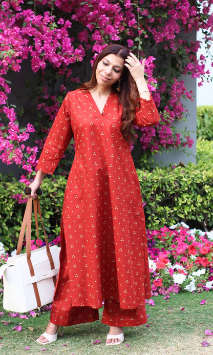 Cotton Block Print Red A-line Kurta and Plazo Set - Baareeki