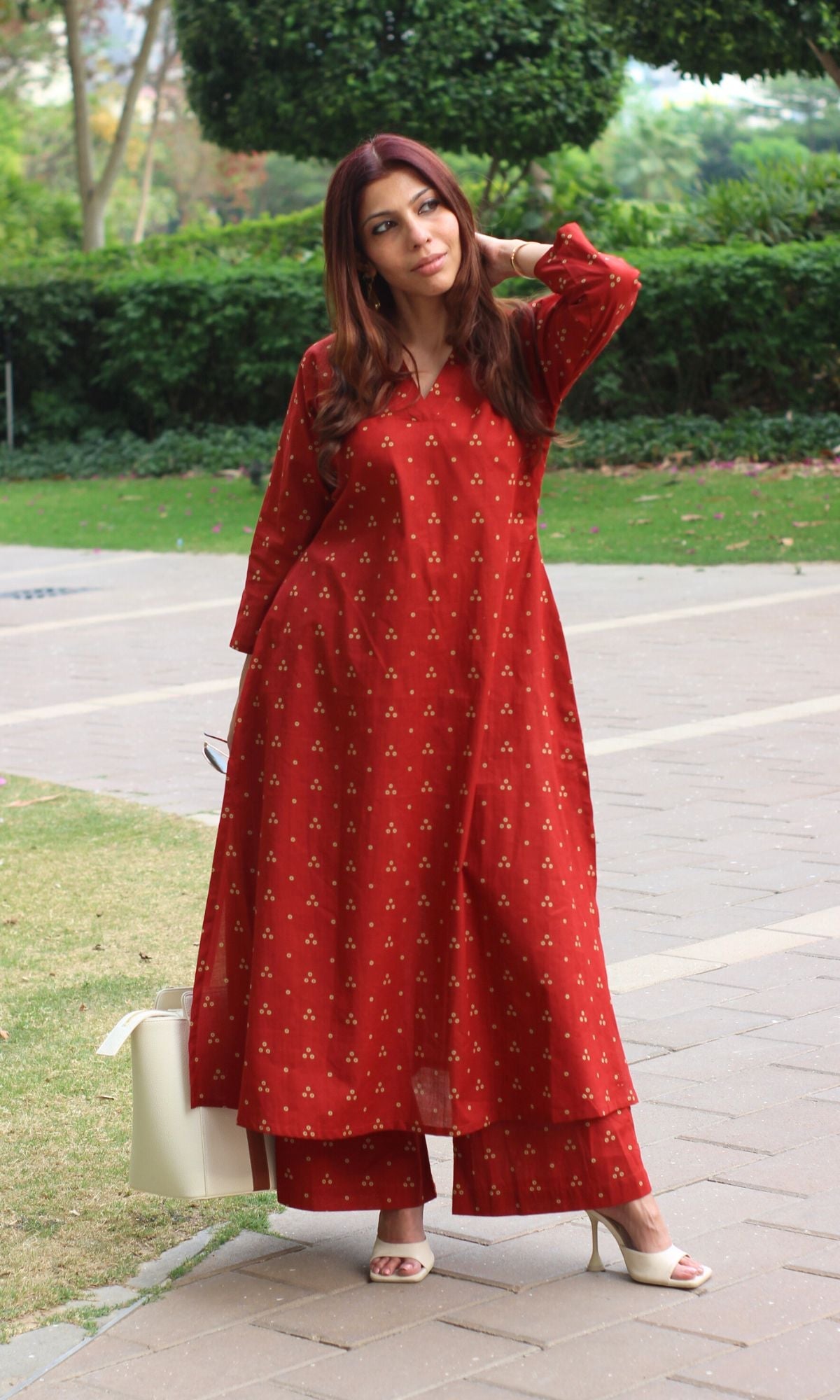 Cotton Block Print Red A-line Kurta and Plazo Set - Baareeki