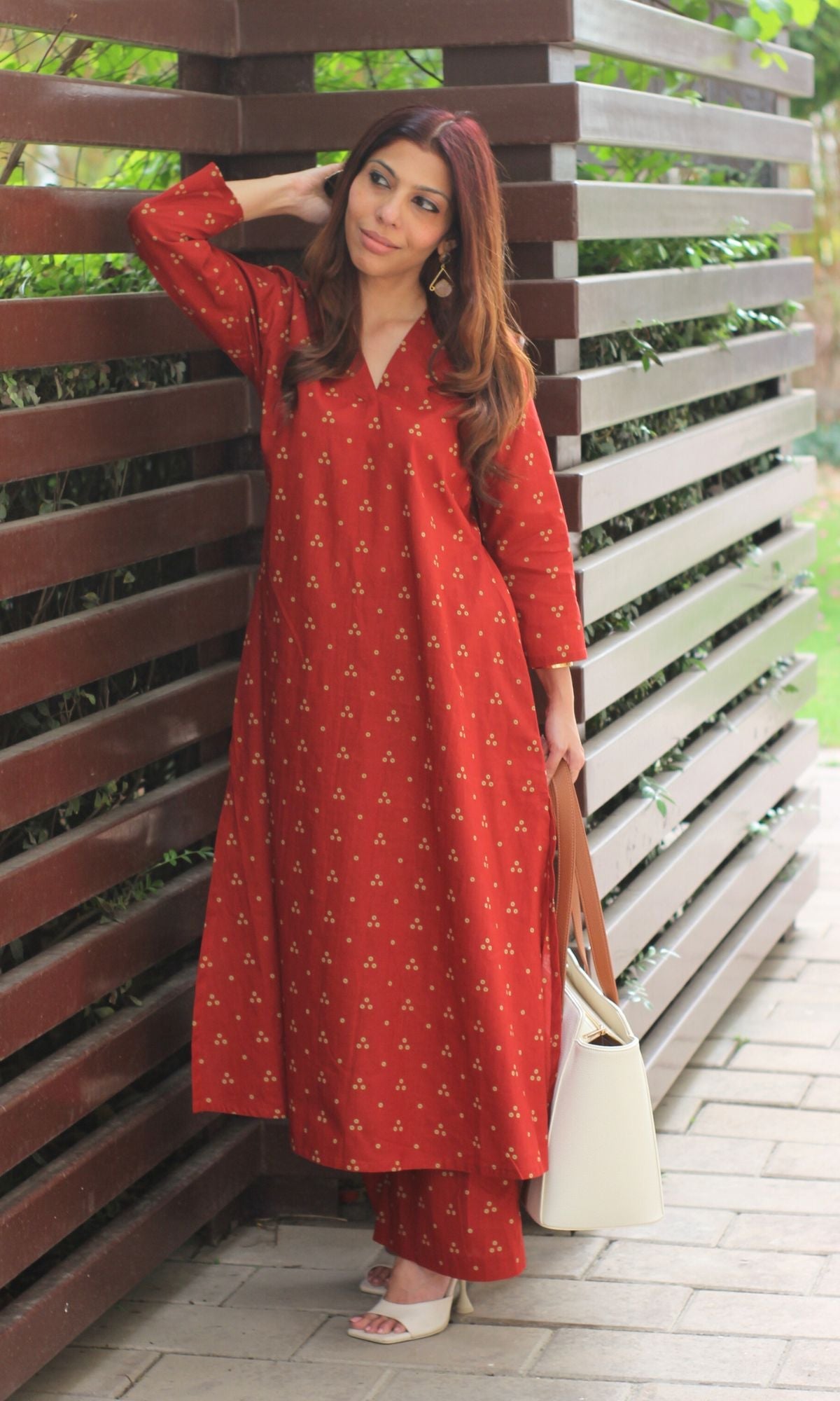 Cotton Block Print Red A-line Kurta and Plazo Set - Baareeki