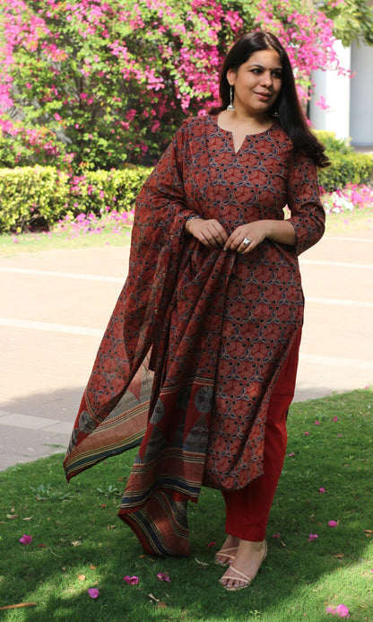 Cotton Block Print Red Suit Set with Cotton Printed Dupatta - Baareeki